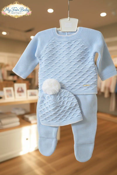 Spanish Baby Boys Blue & White Knitted Lattice 3PC Set C7005 - 1-6m