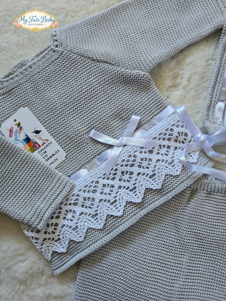 Spanish Creaciones Gavidia Unisex Baby Grey & White Knitted 3pc Lace Set 1136