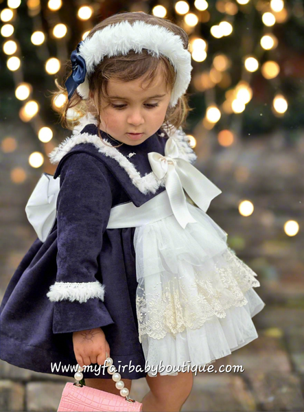 Sonata Infantil AW25 Spanish Girls Navy Frances Katherine Velvet Puffball Dress IN2514 ~ MADE TO ORDER