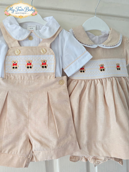 Mabini Traditional Boys Cream Smocked Teddy Dungaree Set 6373 ~ 0-4y