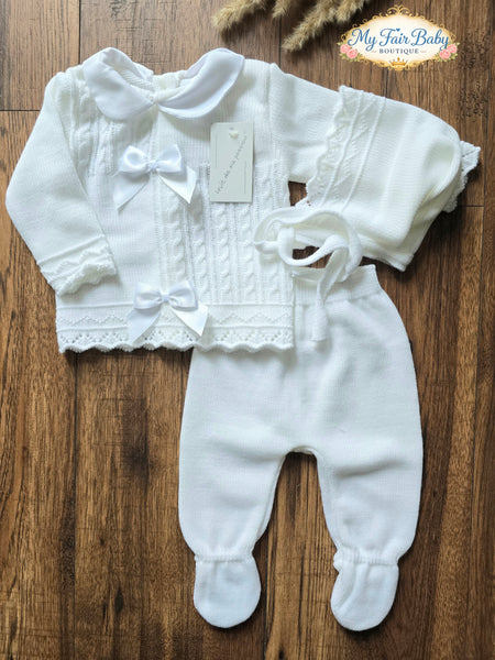 Spanish Baby Girls White Knitted 3pc Set ~ 0-3 months