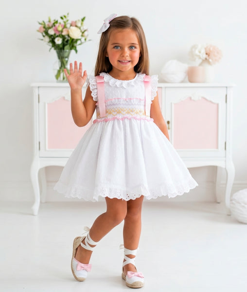 Sonata Infantil SS26 Girls White Plumetti Smocked Puffball Dress VE2631 ~ MADE TO ORDER