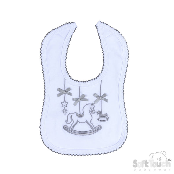 Unisex Baby White & Grey Rocking Horse Bib