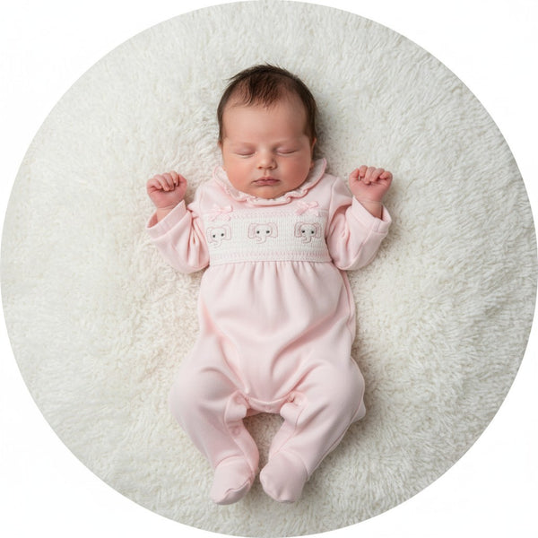 Traditional Baby Girls Pink Smocked Elephant Sleepsuit - Prem & NB