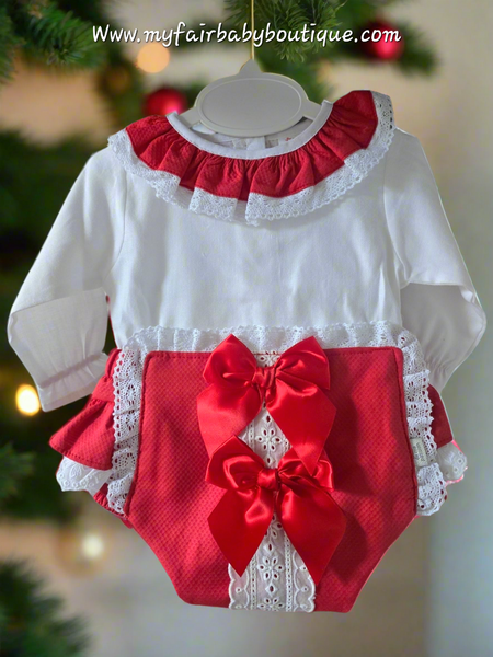 Spanish Baby Girls Red & White Double Bow Jam Pant Set ~ 3-36m