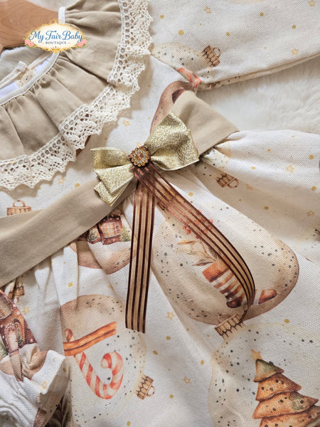 Traditional Girls Cream & Gold Printed Christmas Dress ~ 1-6y