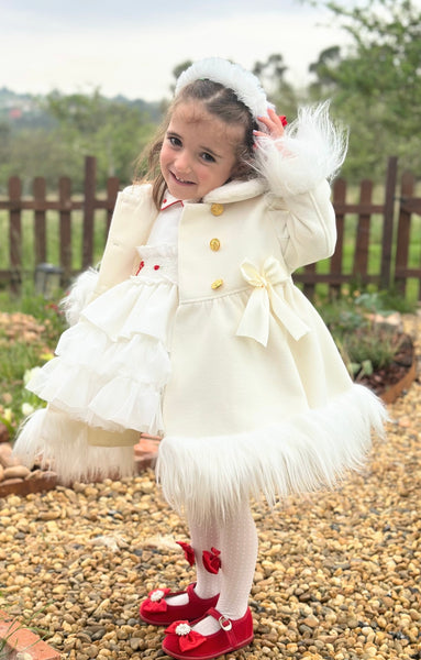 Sonata Infantil AW25 Spanish Girls Cream Winter Fur Trimmed Coat IN2509 - MADE TO ORDER