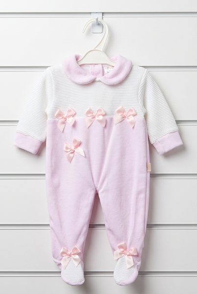 Spanish Baby Girls Pink Half-knit Bow Velour Sleepsuit/Babygrow ~ 1-12m
