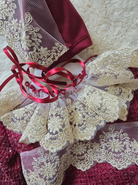 Ela Confeccion AW25 Spanish Girls Burgundy Lace Trimmed Romper & Bonnet Set  - IN STOCK NOW
