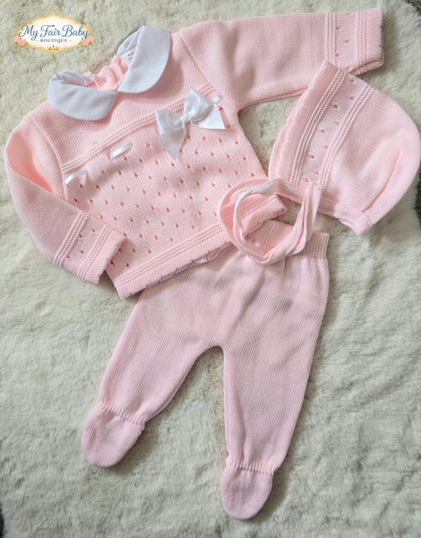 Spanish Baby Girls Pink & White Knitted 3pc Set ~ 0-3m