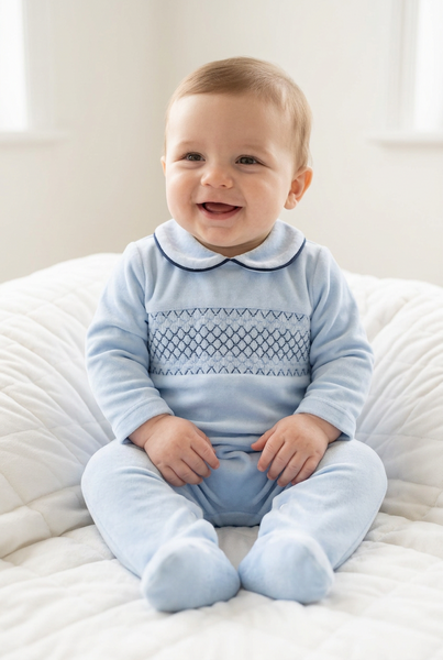 Spanish Baby Boys Blue Smocked Velour Sleepsuit/Babygrow