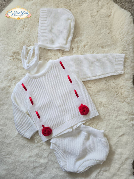 Spanish Unisex Baby White & Red Knitted Jam Pant 3pc Set