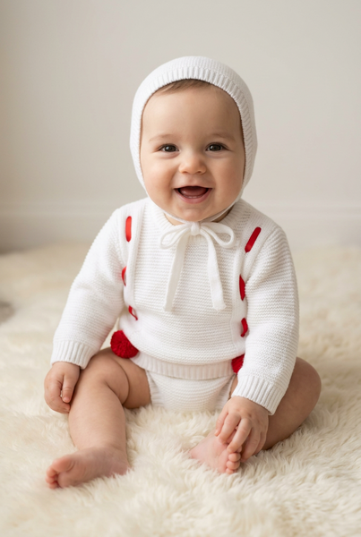 Spanish Unisex Baby White & Red Knitted Jam Pant 3pc Set