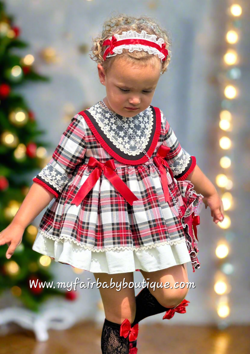 Sonata Infantil AW25 Spanish Girls Red Plaid Christmas Puffball Dress IN2501 ~ MADE TO ORDER