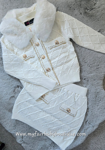 Girls Cream Diamond Knit Fur Cardigan & Skirt Set ~ 4-8y