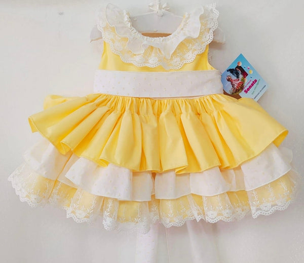 Sonata Infantil Spanish Girls Yellow & White Ruffled Puffball Dress M36 - MADE TO ORDER