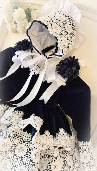 Ela Confeccion AW26 Spanish Girls Navy Lace Trimmed Puffball Dress - MADE TO ORDER