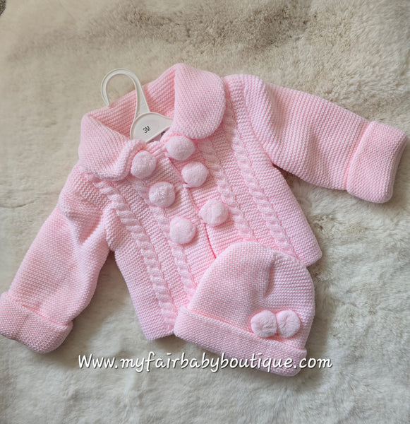 Spanish Baby Girls Pink Knitted Pom Pom Jacket & Hat Set ~ 6-18m