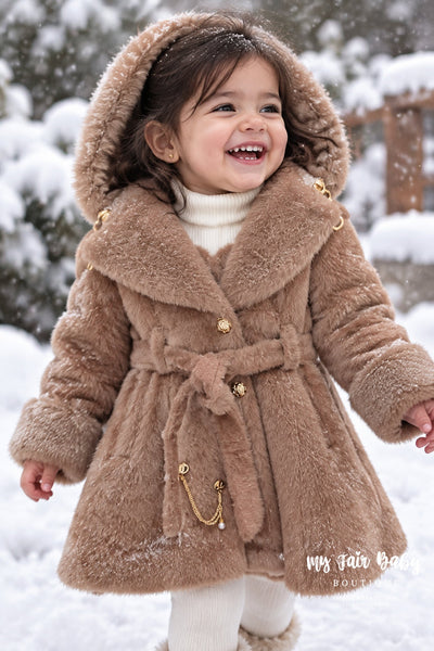 Traditional Girls Camel Fur Winter Coat & Dress Set ~ 2-11y