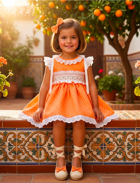 Sonata Infantil SS26 Girls Orange Polkadot Puffball Dress & Hairbow VE2629 ~ MADE TO ORDER