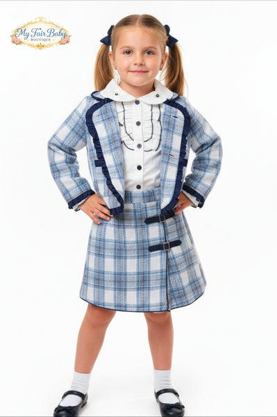 Beau Kid Traditional Girls Blue Check Skirt & Jacket Set 1744 ~ IN STOCK NOW