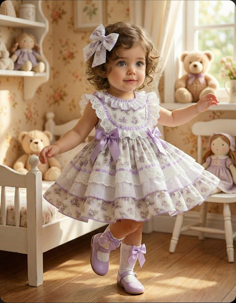 Sonata Infantil SS26 Girls Lilac Floral Puffball Dress VE2609 ~ MADE TO ORDER