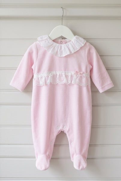Spanish Baby Girls Pink Lace Velour Sleepsuit/Babygrow ~NB-6m