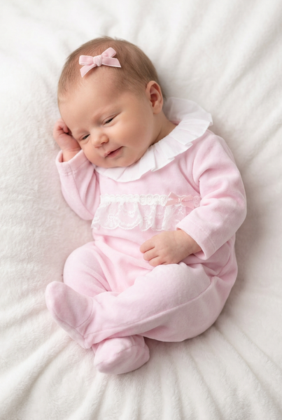 Spanish Baby Girls Pink Lace Velour Sleepsuit/Babygrow ~NB-6m