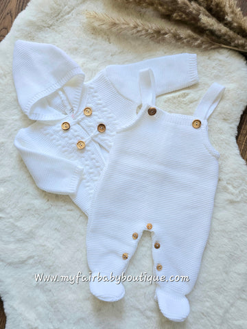 Spanish Unisex Baby White Knitted Dungarees & Cardigan Set 3120