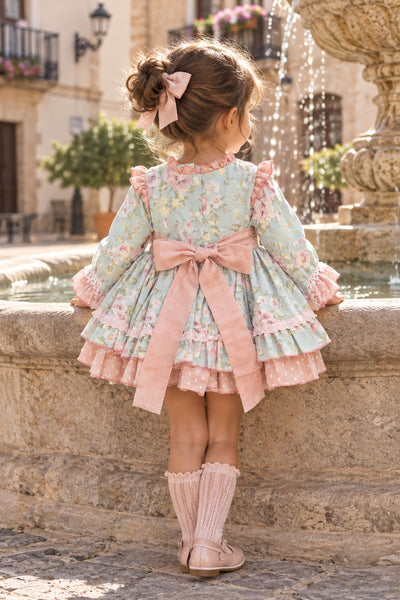 La Amapola Spanish Girls Blue & Pink Floral Dress ~ 3y