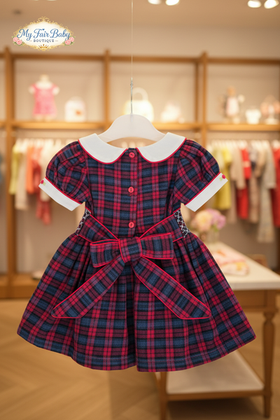Beau Kid Traditional Girls Wine Smocked Tartan Christmas Dress 1J2402A - 6m-7y