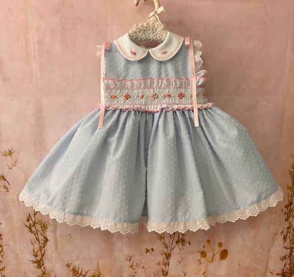 Sonata Infantil Spanish Girls Blue & Pink Plumeti Smocked Puffball Dress VE2509 ~ MADE TO ORDER