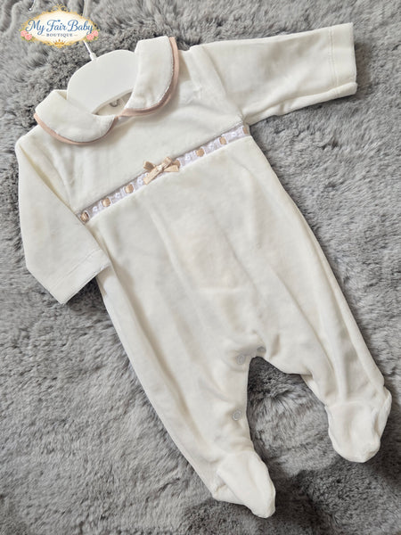 Spanish Unisex Baby Cream & Camel Velour Sleepsuit/Babygrow