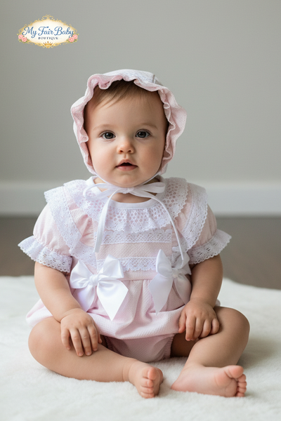 Spanish Baby Girls Pink Waffle Romper & Bonnet Set M002L
