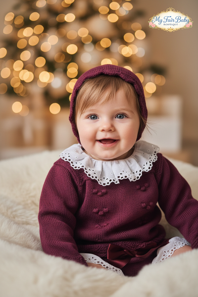Spanish Baby Girls Burgundy Knitted 3pc Jam Pant Set
