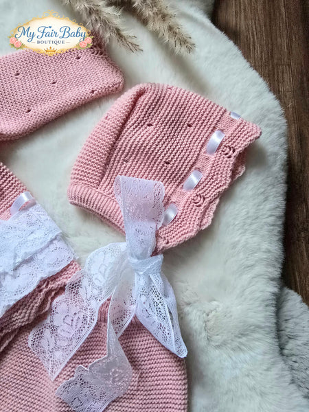 Spanish Creaciones Gavidia Baby Girls Dusky Pink Knitted 3pc Set 8213