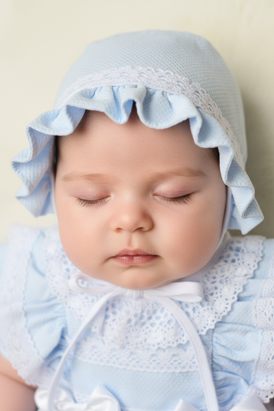 Spanish Baby Girls Blue Waffle Summer Romper & Bonnet Set M002L