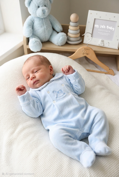 Spanish Baby Boys Blue Horse Velour Sleepsuit/Babygrow