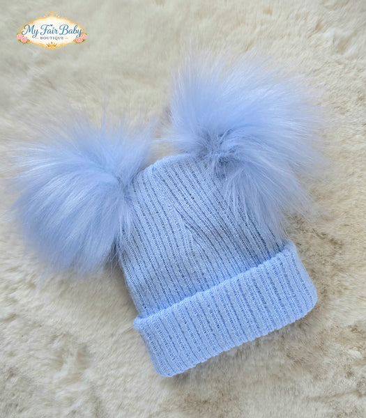 Traditional Baby Boys Blue Double Fur Pom Pom Hats