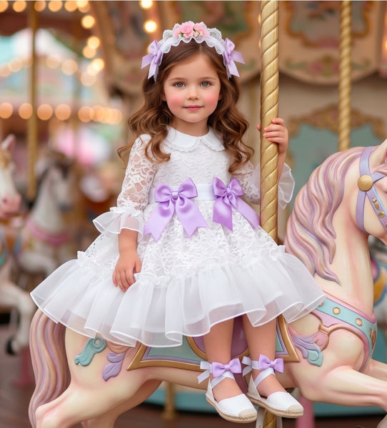 Sonata Spanish Girls White & Lilac Lace Puffball Dress VE2627- MADE TO ORDER