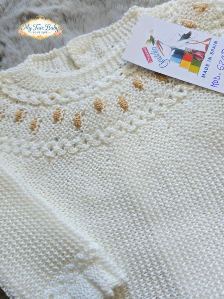 Spanish Creaciones Gavidia Unisex Baby Cream & Camel Knitted 3pc Lace Set 6208