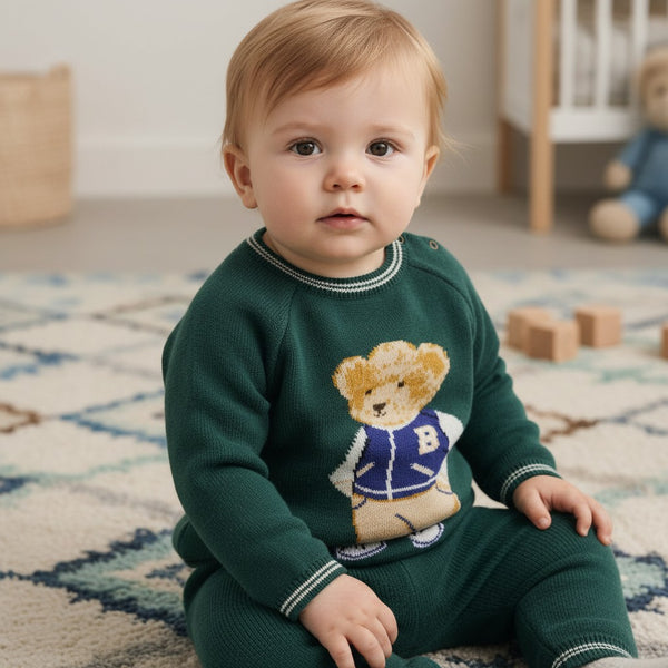 Traditional Baby Boys Green Knitted Teddy Trouser Set