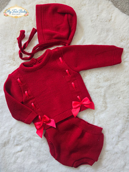 Spanish Baby Girls Red Knitted Bow Jam Pant 3pc Set