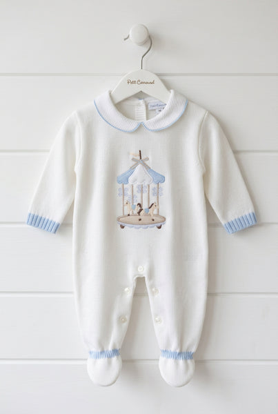 Spanish Baby Boys White & Blue Knitted Carousel Sleepsuit/Babygrow 5798 ~ 1-6m