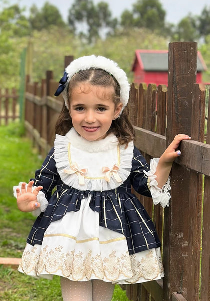 Sonata Infantil AW25 Spanish Girls Navy & Gold Lace Christmas Puffball Dress IN2513 ~ MADE TO ORDER