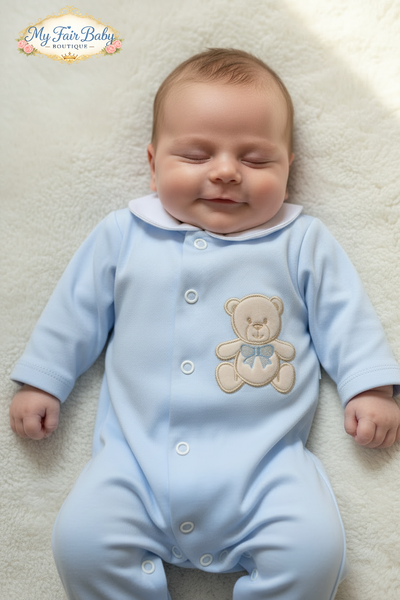 Spanish Baby Boys Blue Teddy Cotton Sleepsuit/Babygrow SG263