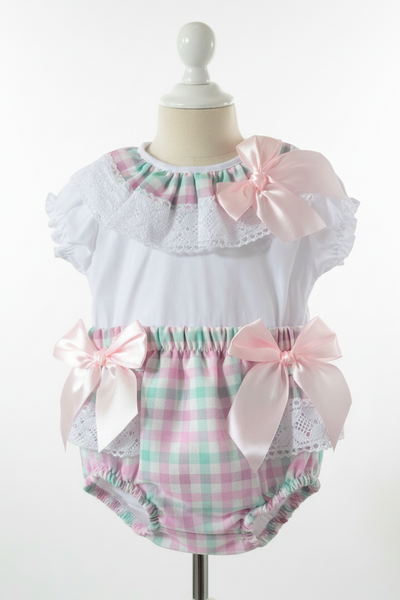 Spanish Baby Girls Pink & Green Check Jam Pants Set ~ 3-36m