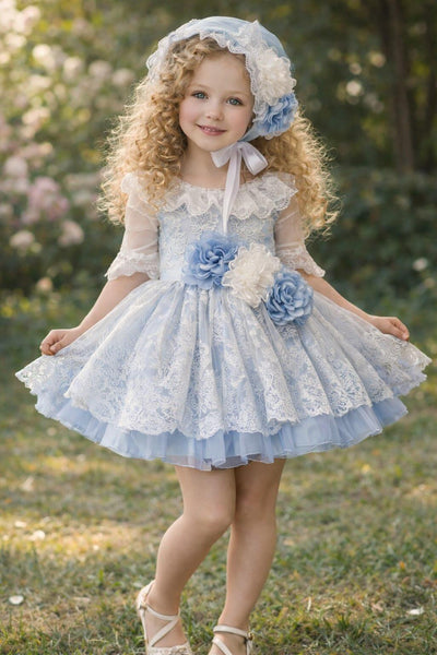 Ela Confeccion SS26 Girls Blue Lucia Lace Puffball Dress - MADE TO ORDER