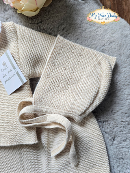 Spanish Baby Girls Biscuit & White Knitted 3PC Set ~ 0-3m