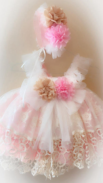 Ela Confeccion SS26 Girls Pink & White Lace Heloise Puffball Dress - MADE TO ORDER